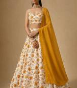 Yellow Floral Print Crepe Lehenga Set