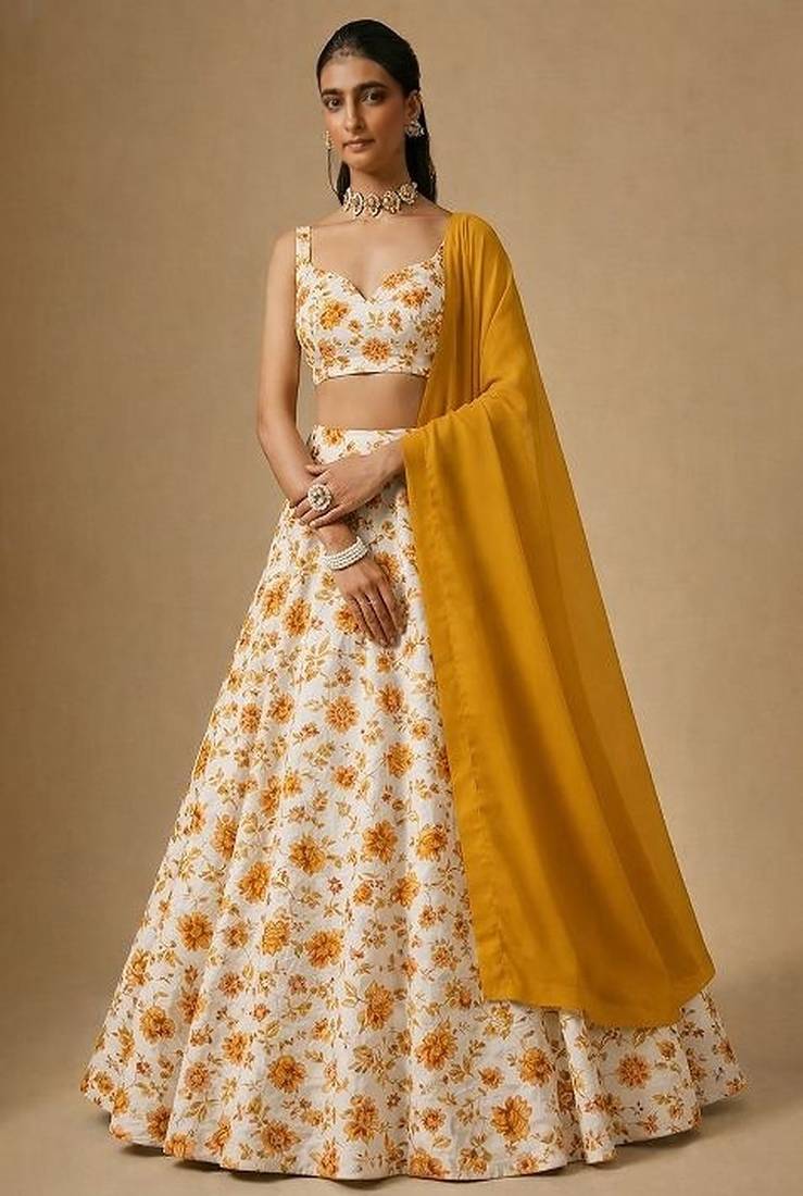 Yellow Floral Print Crepe Lehenga Set