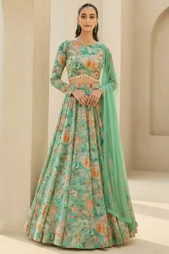 Mint Green Floral Print Georgette Lehenga Set
