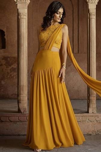 Mustard Yellow Embroidered Georgette Lehenga Set