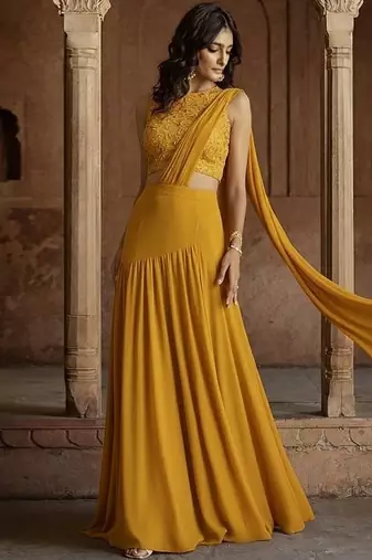 Mustard Yellow Embroidered Georgette Lehenga Set