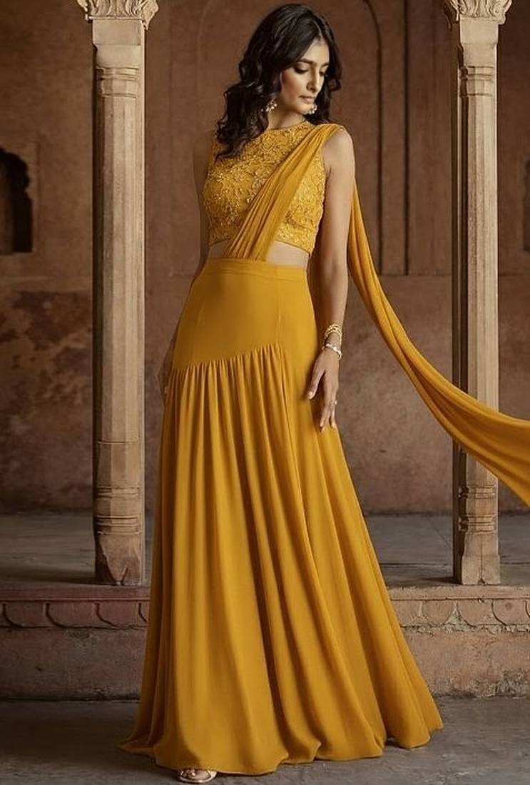 Mustard Yellow Embroidered Georgette Lehenga Set