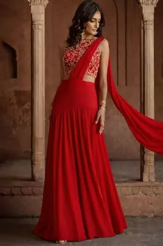Deep Red Embroidered Georgette Lehenga Set