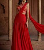 Deep Red Embroidered Georgette Lehenga Set