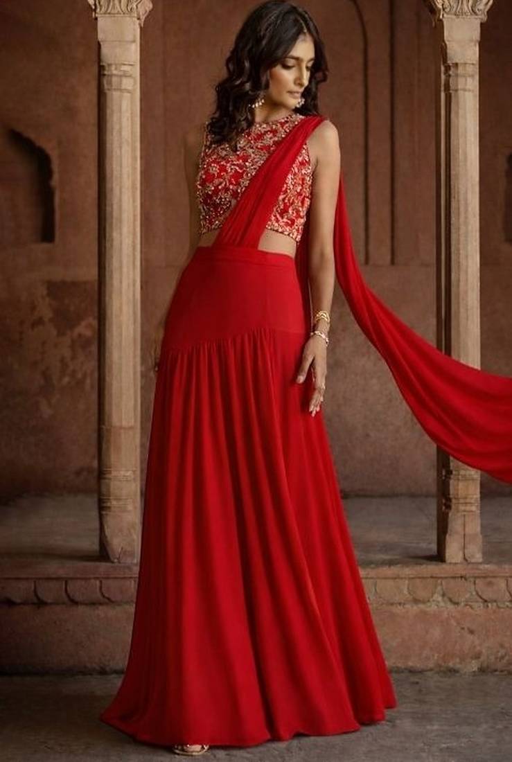 Deep Red Embroidered Georgette Lehenga Set