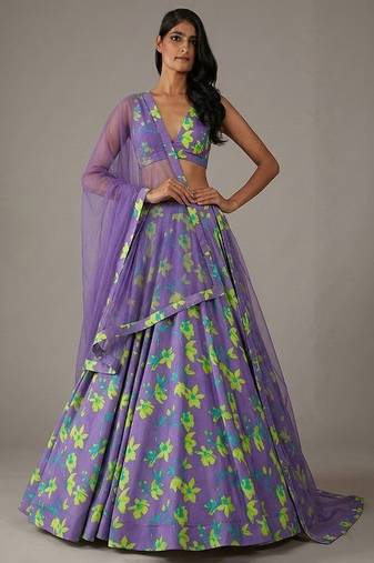 Lavender Floral Print Satin Lehenga Set