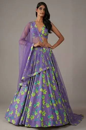 Lavender Floral Print Satin Lehenga Set