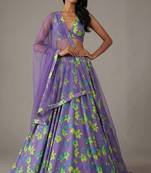 Lavender Floral Print Satin Lehenga Set
