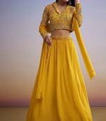 Yellow Floral Print Crepe Lehenga Set