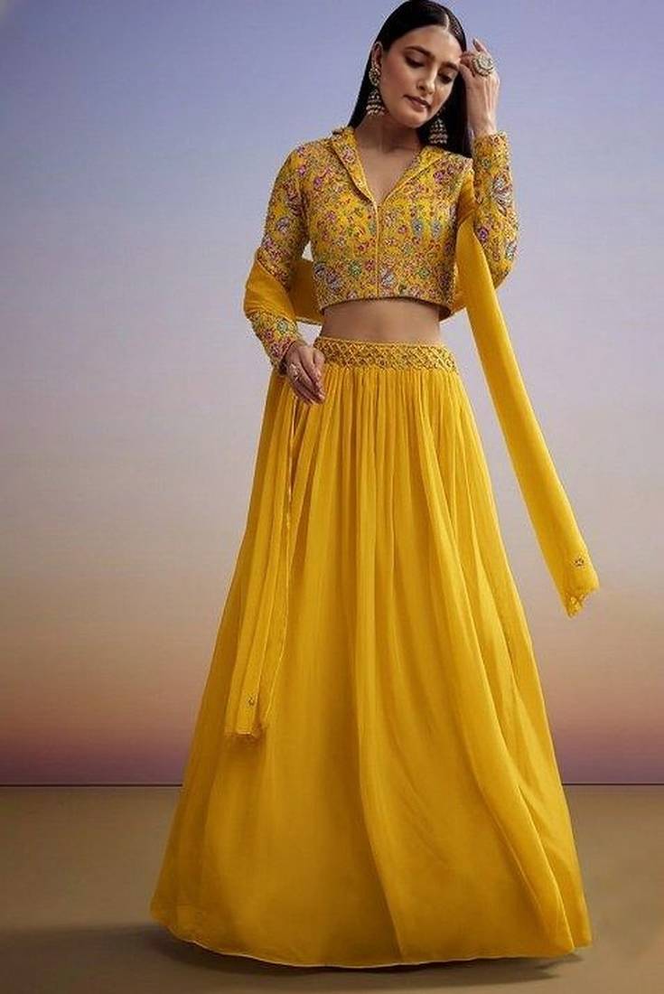 Yellow Floral Print Crepe Lehenga Set