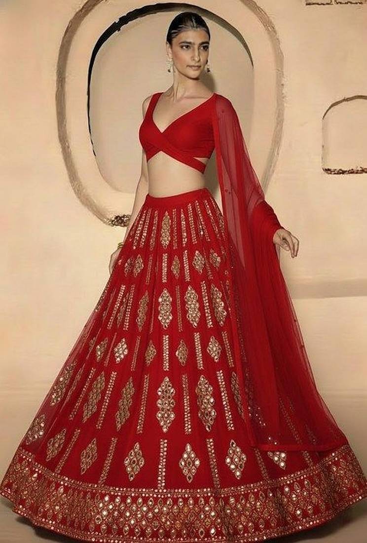 Red Embellished Georgette Lehenga Set