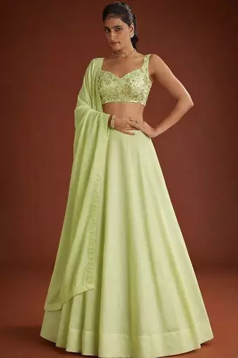 Light Green Embroidered Georgette Lehenga Set