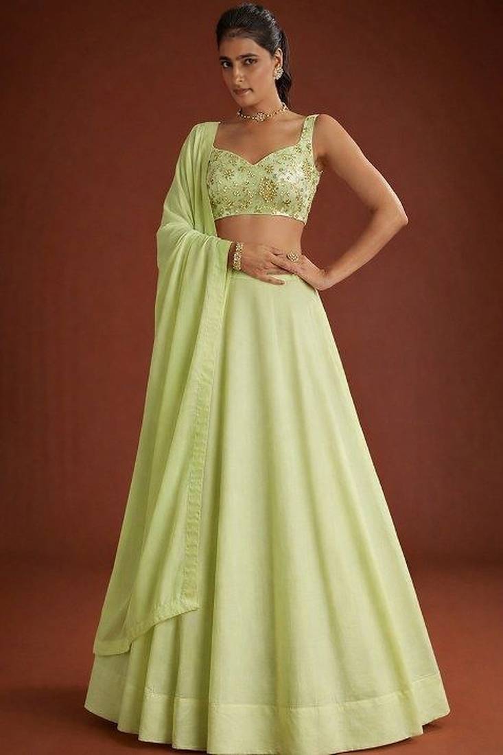 Light Green Embroidered Georgette Lehenga Set