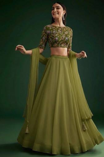 Olive Green Figure Print Crepe Lehenga Set