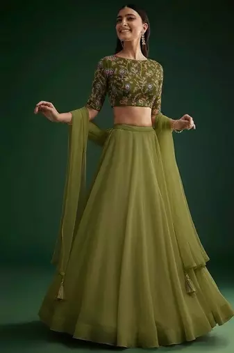 Olive Green Figure Print Crepe Lehenga Set
