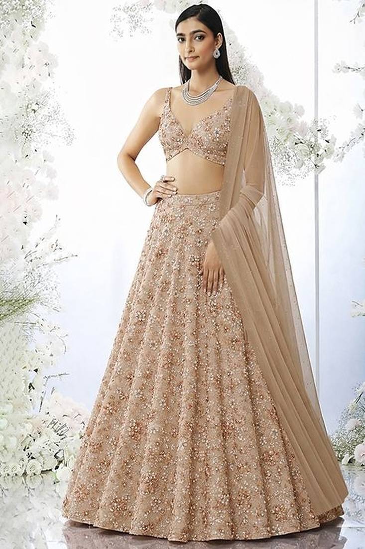 Beige Embroidered Net Lehenga Set