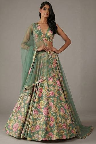 Sage Green Floral Print Satin Lehenga Set