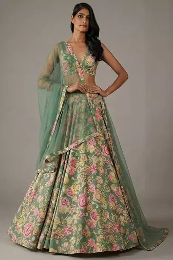 Sage Green Floral Print Satin Lehenga Set