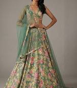 Sage Green Floral Print Satin Lehenga Set