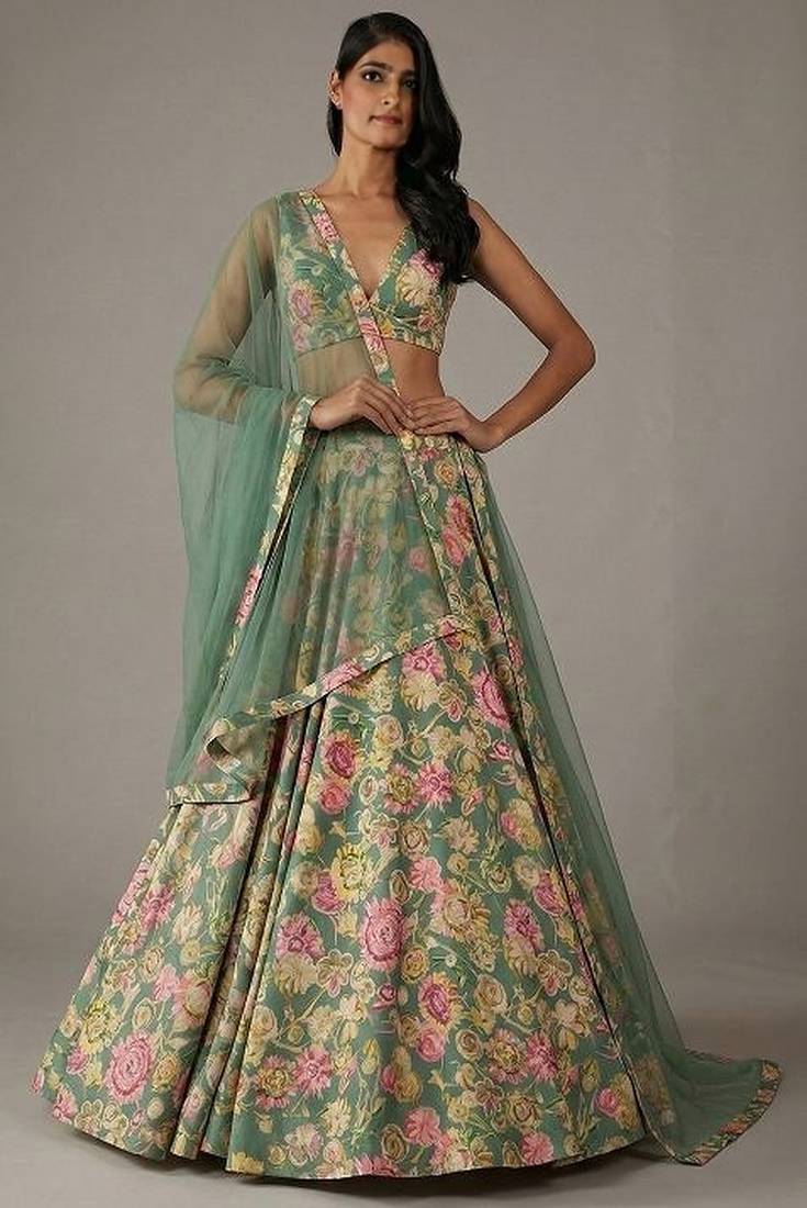 Sage Green Floral Print Satin Lehenga Set