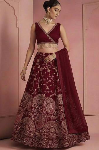 Deep Maroon Embroidered Crepe Lehenga Set