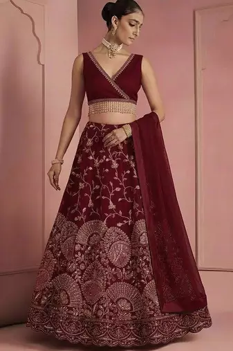 Deep Maroon Embroidered Crepe Lehenga Set