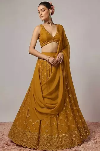 Mustard Embroidered Georgette Lehenga Set