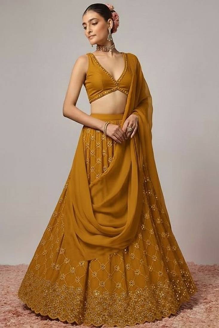 Mustard Embroidered Georgette Lehenga Set