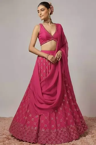 Rani Pink Embroidered Georgette Lehenga Set