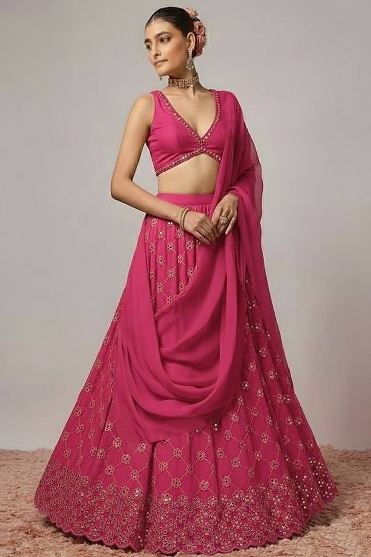 Rani Pink Embroidered Georgette Lehenga Set