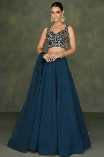 Teal Embroidered Georgette Lehenga Set