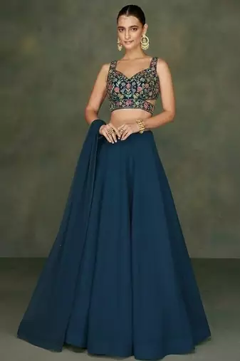 Teal Embroidered Georgette Lehenga Set
