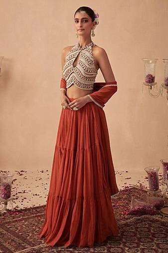 Rust Handwork Goergette Lehenga Set