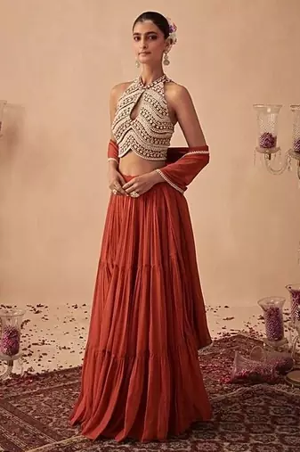 Rust Handwork Goergette Lehenga Set