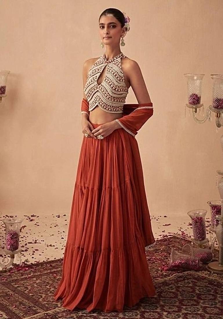Rust Handwork Goergette Lehenga Set