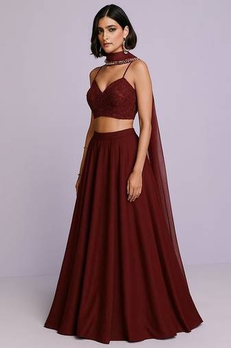 Maroon Embellished Blouse Georgette Lehenga Set