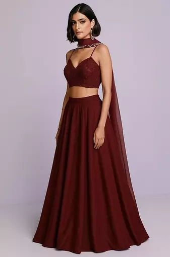 Maroon Embellished Blouse Georgette Lehenga Set