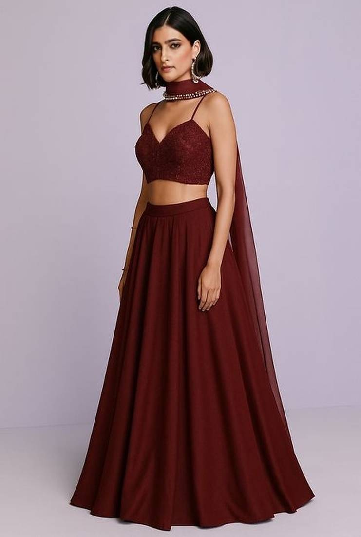 Maroon Embellished Blouse Georgette Lehenga Set