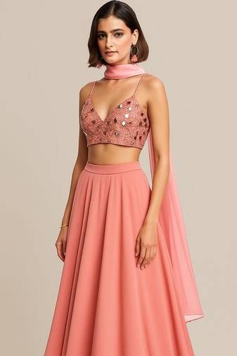 Pink Embroidered Blouse Georgette Lehenga Set