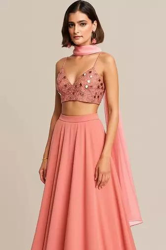 Pink Embroidered Blouse Georgette Lehenga Set