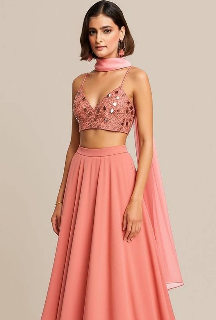 Pink Embroidered Blouse Georgette Lehenga Set