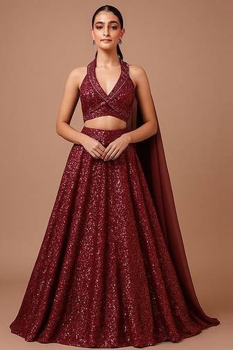 Wine Sequin Embellished Net Lehenga Set