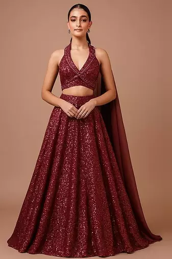 Wine Sequin Embellished Net Lehenga Set