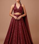 Wine Sequin Embellished Net Lehenga Set