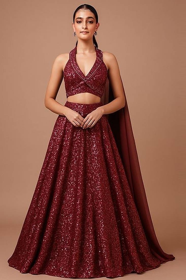 Wine Sequin Embellished Net Lehenga Set