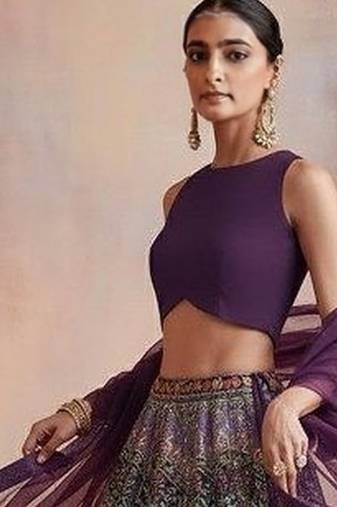 Purple Embroidered Crepe Lehenga Set