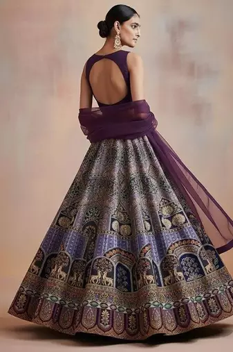 Purple Embroidered Crepe Lehenga Set