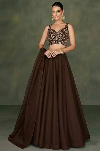 Deep Brown Embroidered Georgette Lehenga Set