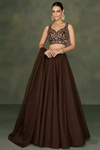 Deep Brown Embroidered Georgette Lehenga Set