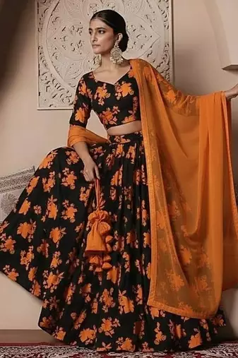 Orange Floral Print Crepe Lehenga Set